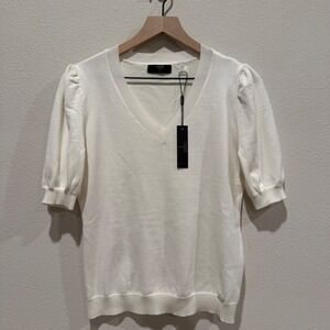 TAHARI Womens Puff Sleeve V-Neck Knit Top Size M Minimalist Coquette Office Wear